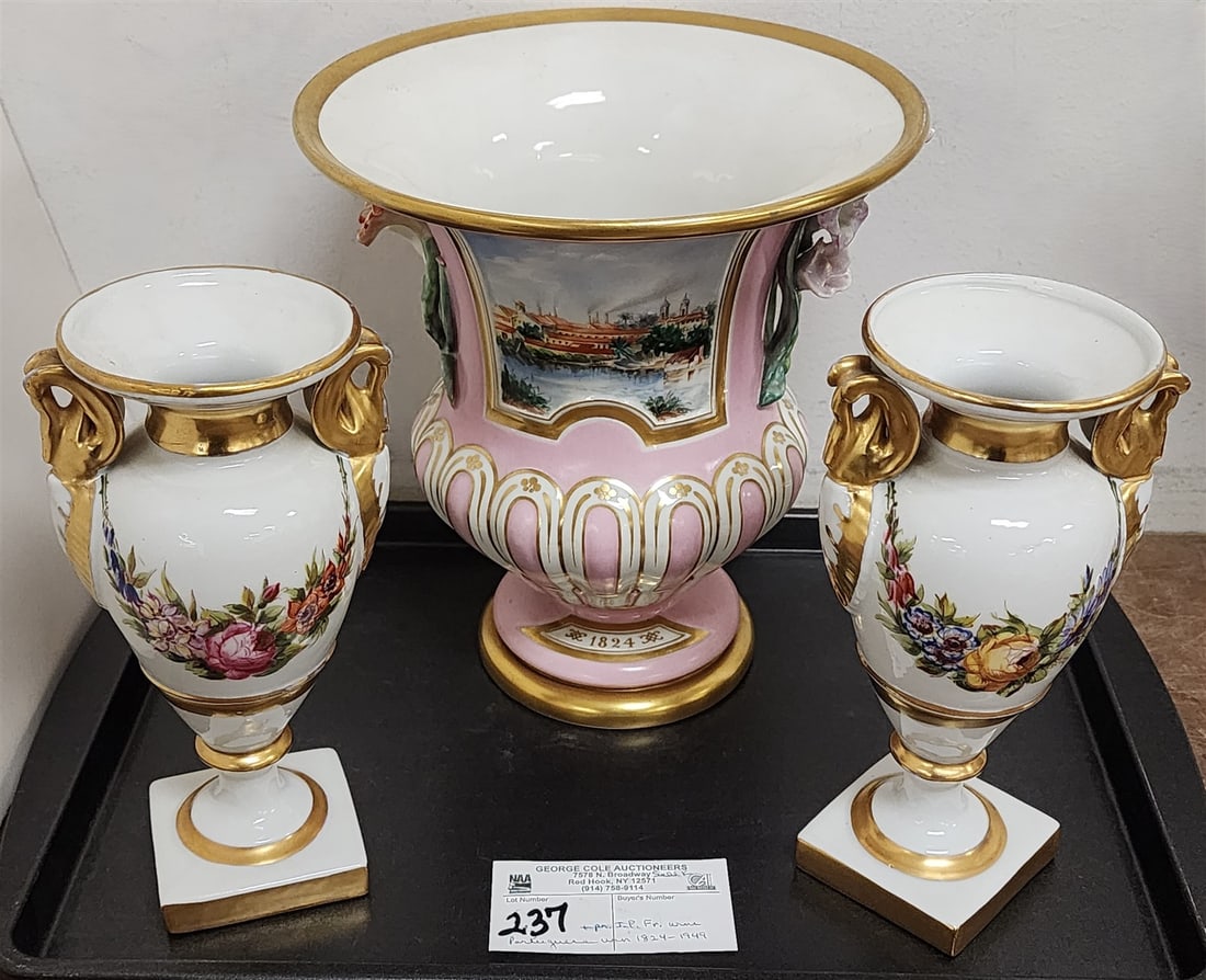 Tray Portuguese Porcelain Urn 1824-1949 8 1/2"H X 7 1/2"Diam + Pr J.P. France Urns 7"H X 3 3/4"Diam: Tray Portuguese Porcelain Urn 1824-1949 8 1/2"H X 7 1/2"Diam + Pr J.P. France Urns 7"H X 3 3/4"Diam