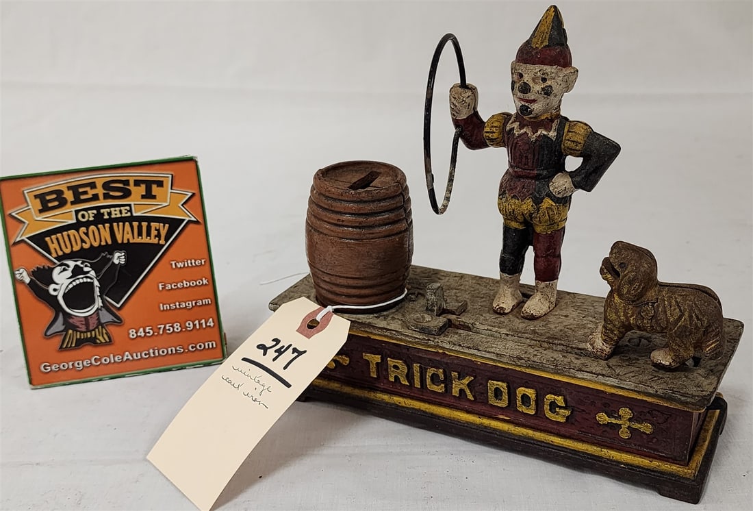 Vintage Cast Iron Mechanical Bank Trick Dog 7"H X 7 1/2"W X 2 3/4"D (1 of 5)