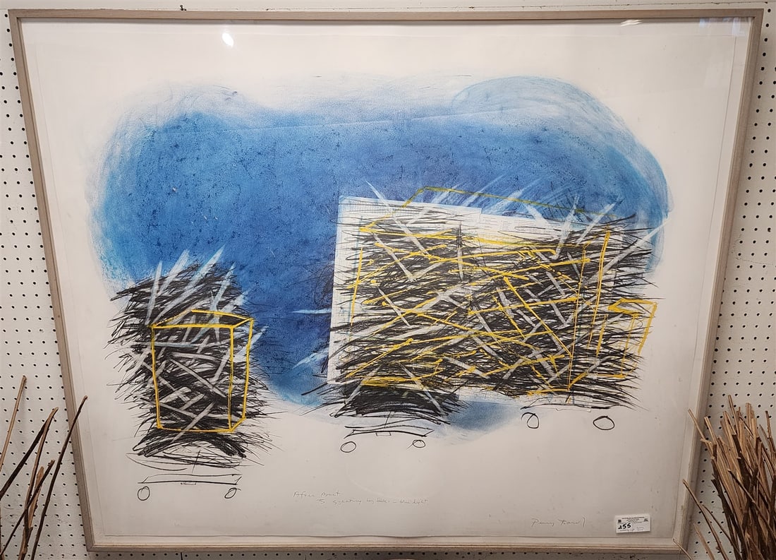 Framed Collage "After Monet Gyrating Hay Blaes- Blue Light Sgnd Penny Bard 40 1/2" X 48" W/ Frame: Framed Collage "After Monet Gyrating Hay Blaes- Blue Light Sgnd Penny Bard 40 1/2" X 48" W/ Frame 44" X 51 1/2"