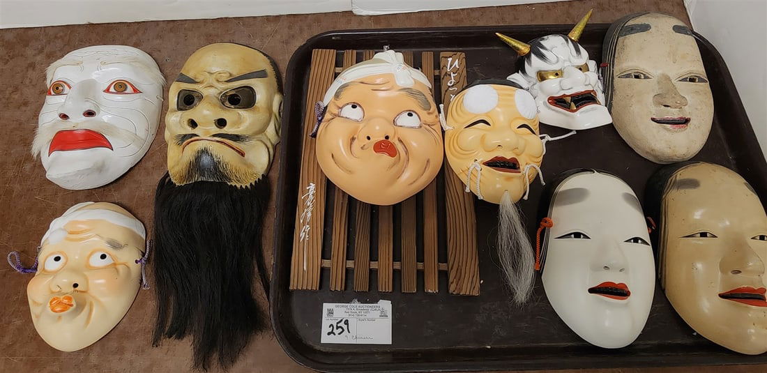 Tray 9 Chinese Masks- Wooden- 14"H X 5 1/2"W, 7 1/2"H X 5 1/2", 8"H X 5"W + 6 Ceramic (1 of 3)