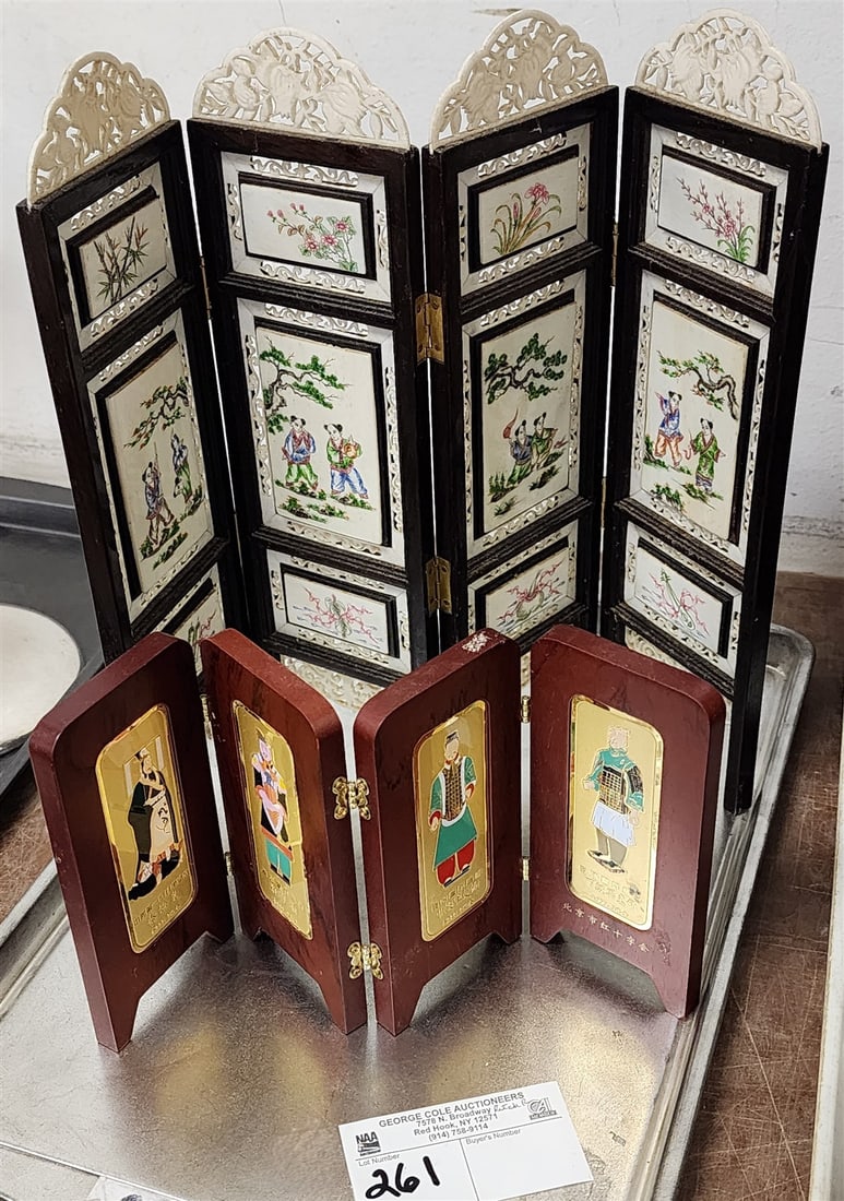 Tray 4 Fold Dresser Screen- Carved + Ptd Bone 11 1/2"H X 13"W, Mini 4 Fold Screen 999.9 Gold Plated: Tray 4 Fold Dresser Screen- Carved + Ptd Bone 11 1/2"H X 13"W, Mini 4 Fold Screen 999.9 Gold Plated Silver inlaid Plaque In Wood The Terra Cotta Army of China 5 1/4"H X 10 1/4"W