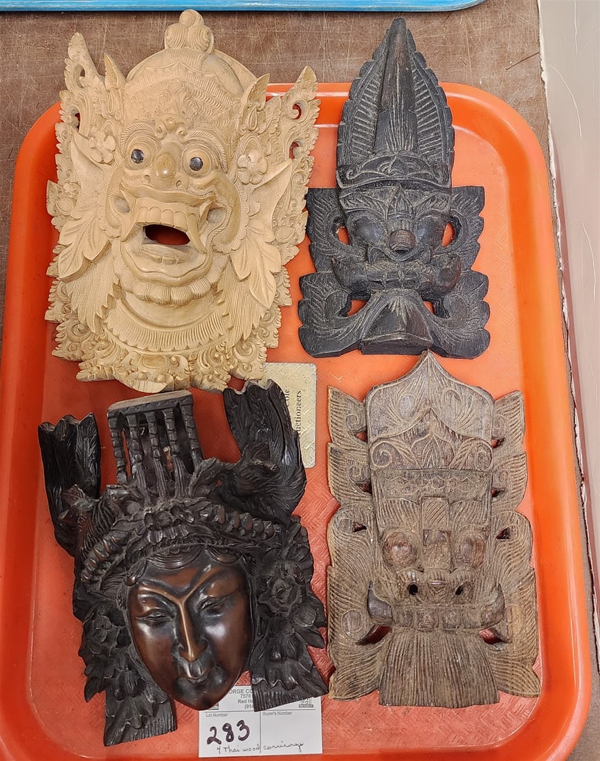 Tray 4 Thai Wooden Wall Hangings 9"H X 7"W, 8 3/4"H X 5"W, 7 1/4"H X 6 1/4"W, 8"H X 5"W (1 of 1)