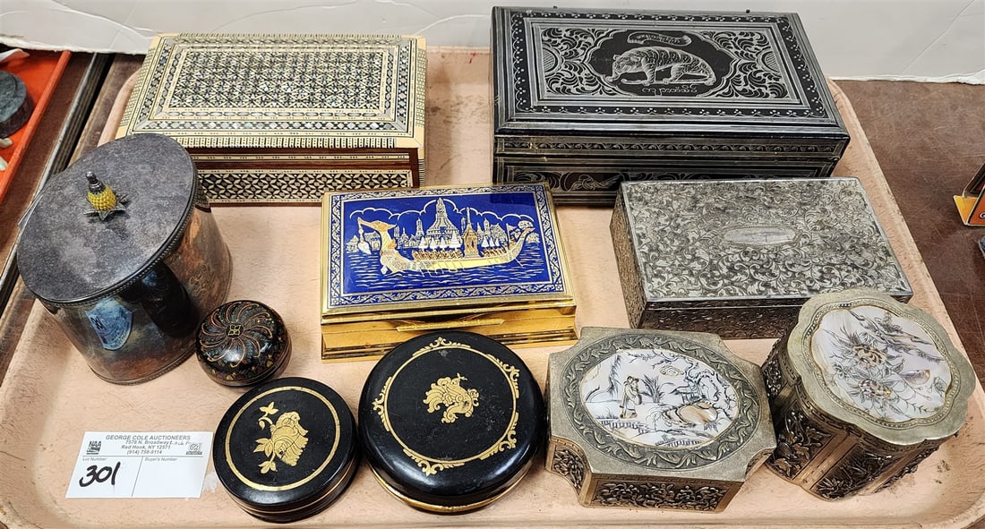 Tray 10 Bx's Mid East Inlay, Lacquer, Metal Etc: Tray 10 Bx's Mid East Inlay, Lacquer, Metal Etc