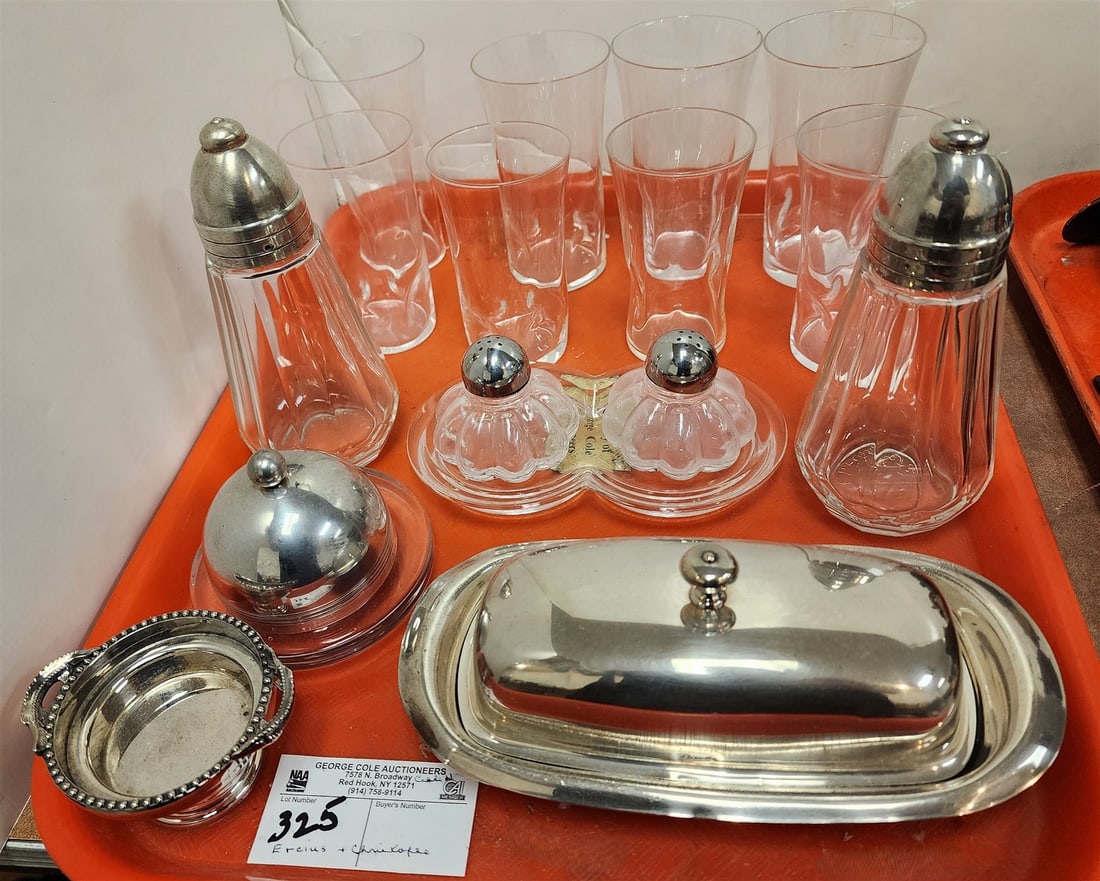 Tray Ercius + Christofle Caviar Cups, Christofle Butter Dish + Shakers, 8 Sgnd Glasses (1 of 2)