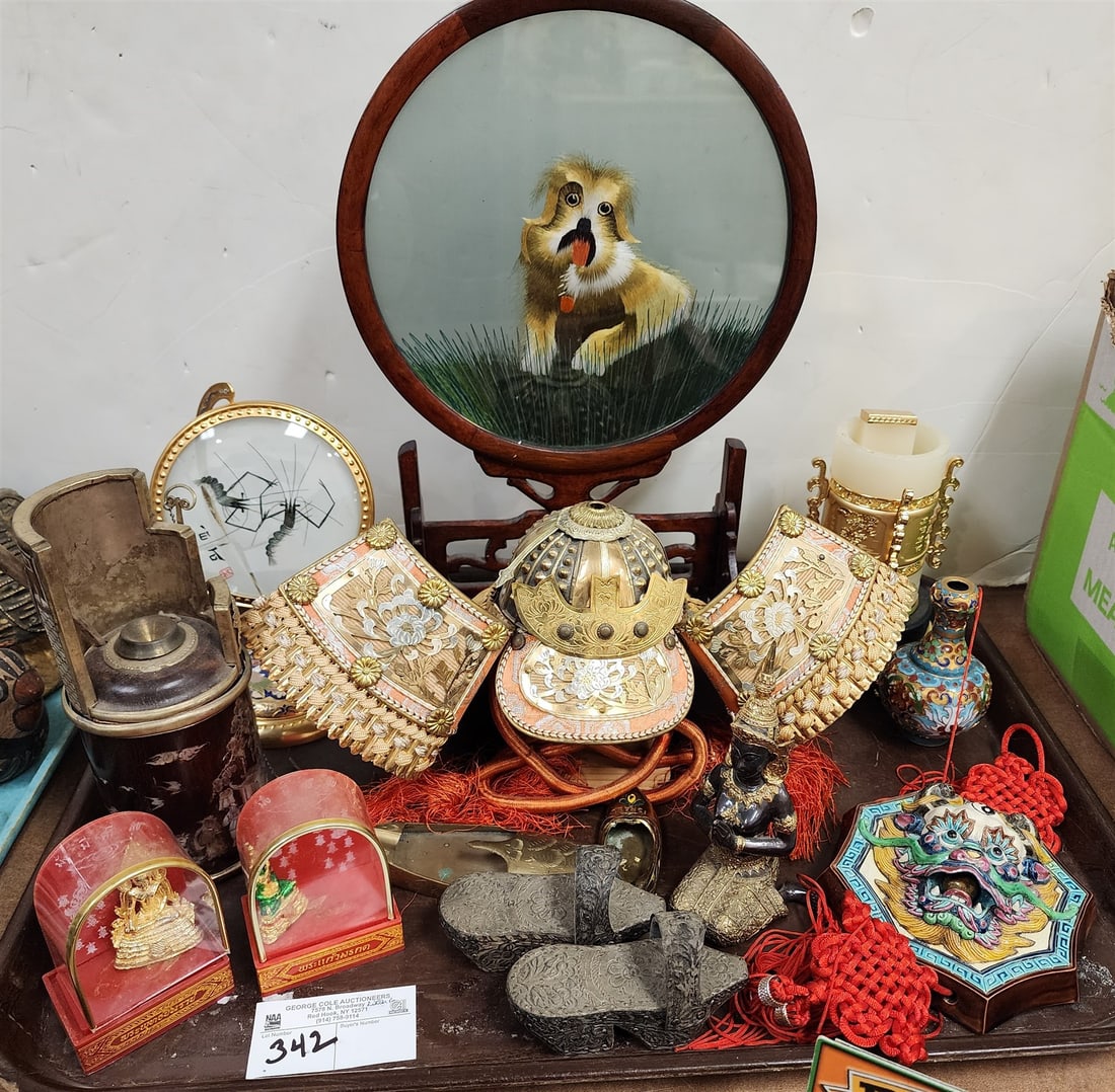 Tray Asian Items- Chinese Mandarin Water Pipe, Needlework Screen 16" X 9", Bronze Buddha 6", Taiwan (1 of 4)