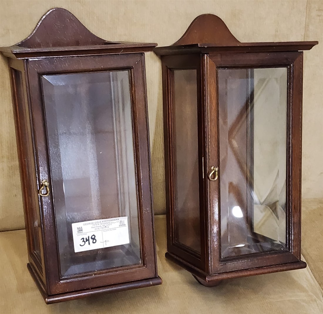 Pr Mahog + Bevelled Glass Wall Sconces 16 b1/2"H X 6"W X 6"D: Pr Mahog + Bevelled Glass Wall Sconces 16 b1/2"H X 6"W X 6"D