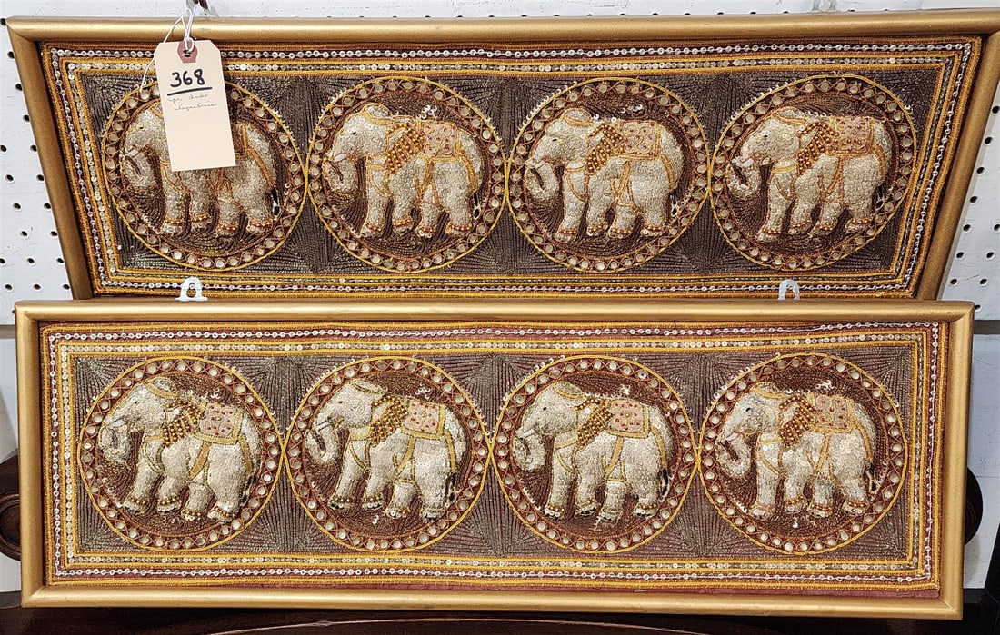 Pr. Framed Indo High Relief Tapestries w/ Metal and Bead Threadwork 8 1/2" X 28" w/ Frame 10" X 29 (1 of 3)