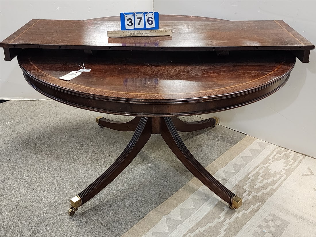 54" Diam Ped Base Mahog Table W/ 18" Leaf W/ Rosewood Border + Band Inlay (1 of 2)