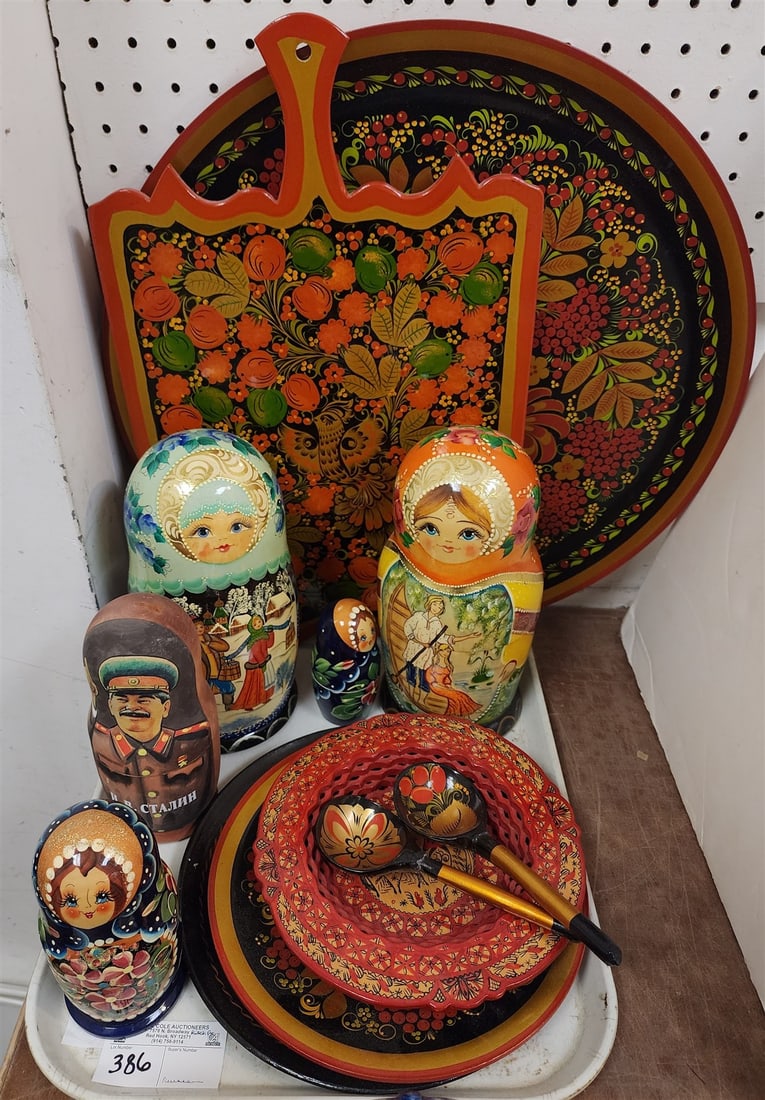 Tray Russian Nesting Dolls + Ptd Lacquer Bowls, Plates, Cutting Board: Tray Russian Nesting Dolls + Ptd Lacquer Bowls, Plates, Cutting Board