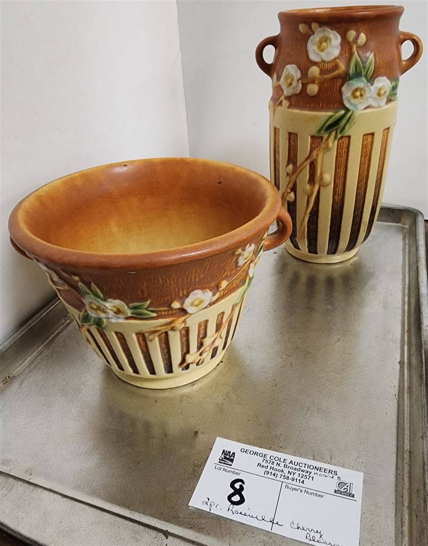 Tray 2 Pc Roseville Cherry Blossom Vase W/ Silver Label 7", Flower Pot W/ Silver Label 4"H X 5 1/2" (1 of 4)