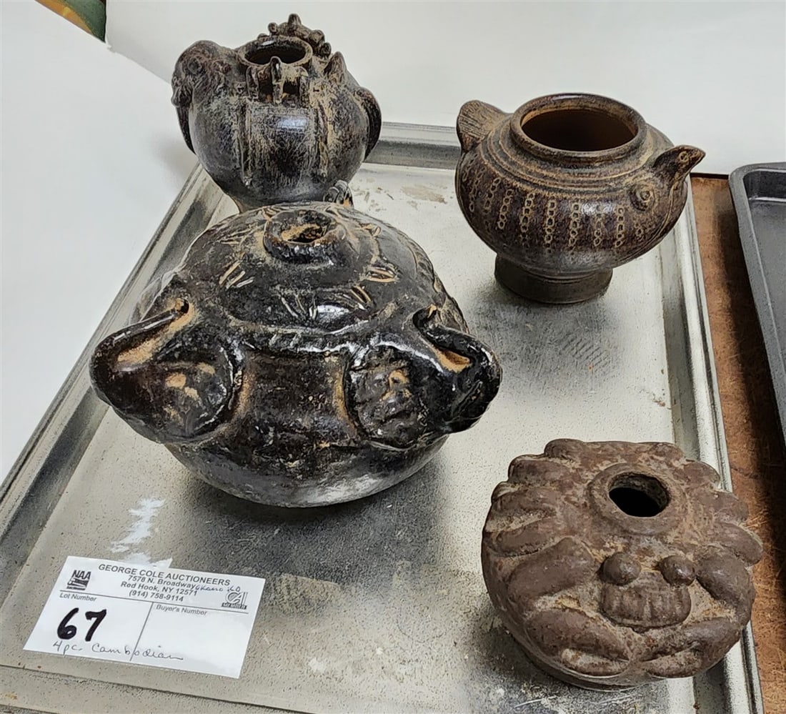 Tray 4 Cambodian Glazed Vases 3 1/2"H X 5"Diam, 3 1/2"H X 4" Diam, 3"H X 4 1/2" Diam + 2 1/2"H X (1 of 4)