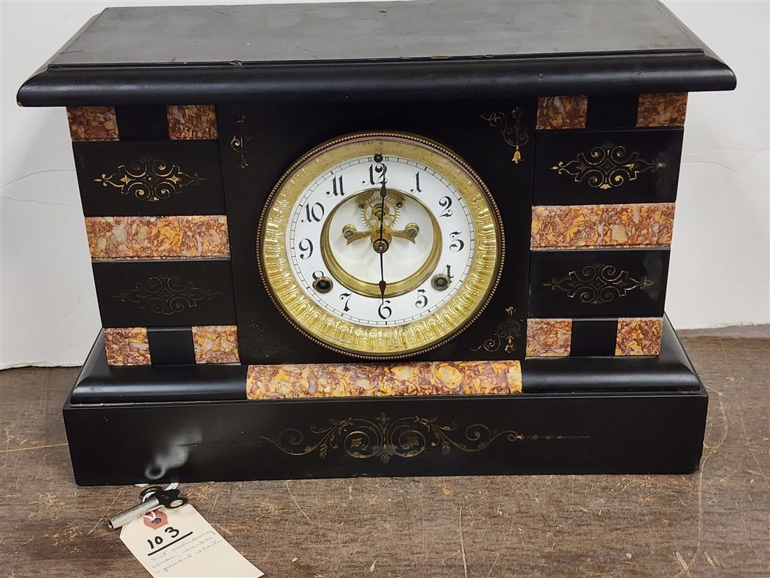 Vict Waterbury Wooden, Marble + Polished Slate Mantel Clock 11"H X 16"W X 6"D (1 of 7)