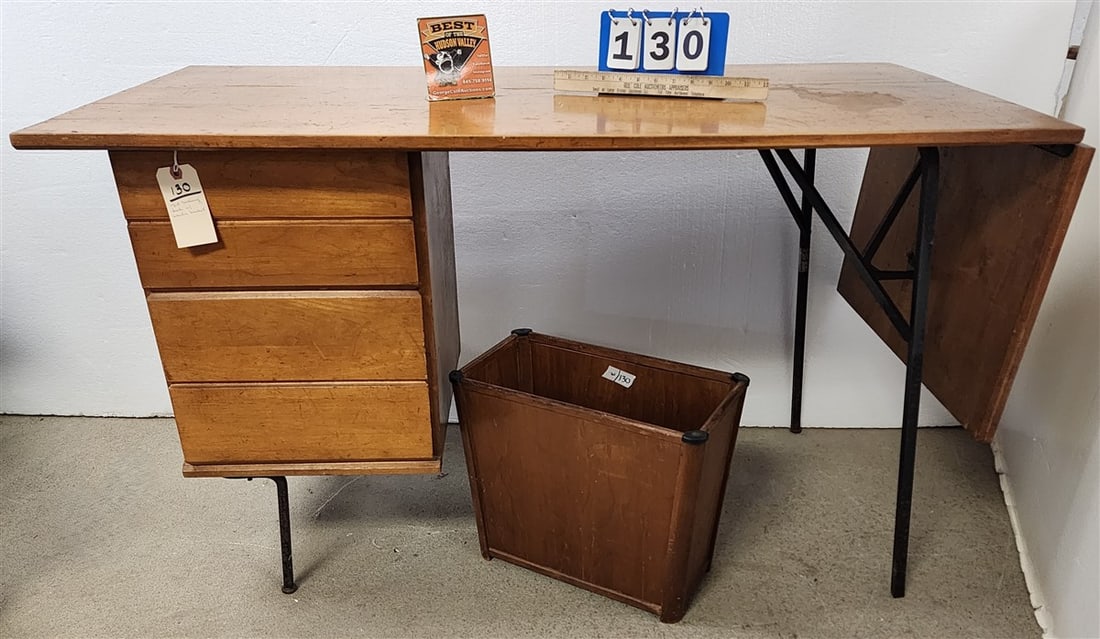 Mid Century Maple Desk W/ Drop Leaf 29"H X 4'W X 24 1/4"D w/ Drop Leaf 16" + Waste Basket 14"H X (1 of 3)