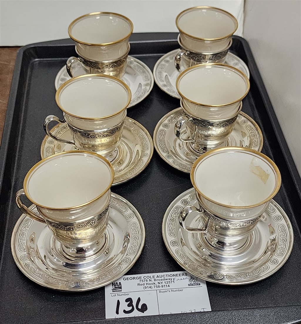 Tray 6 Whiting Sterl Demi Tasse Cups + Saucers W/ Lenox Liners 10.93 Ozt: Tray 6 Whiting Sterl Demi Tasse Cups + Saucers W/ Lenox Liners 10.93 Ozt