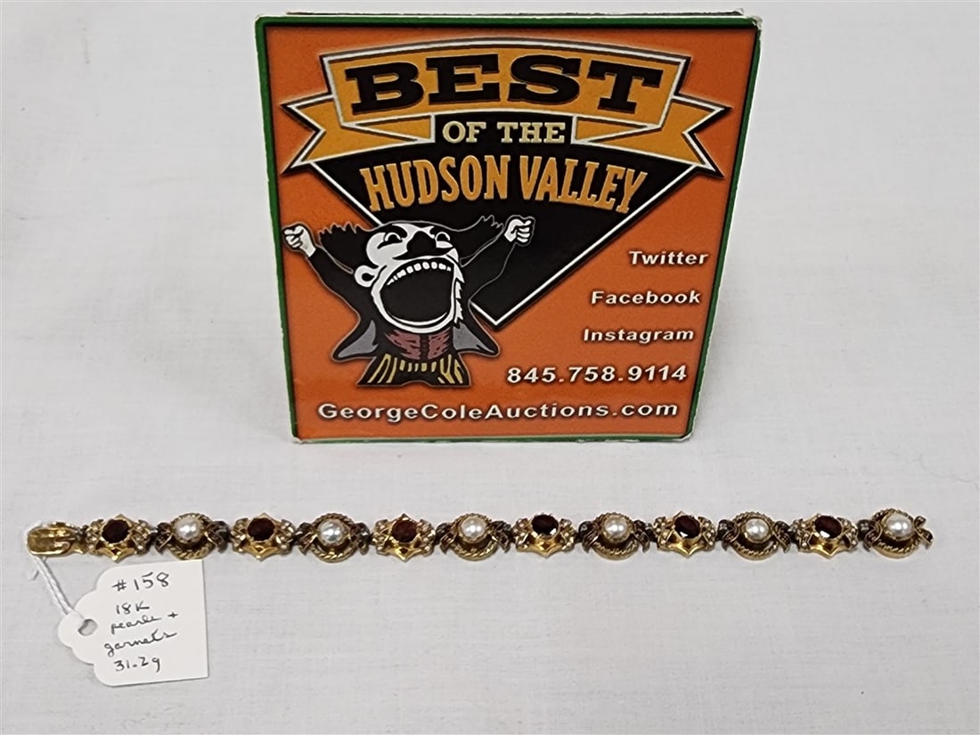 18K Bracelet W/ Pearls + Garnets: 18K Bracelet W/ Pearls + Garnets