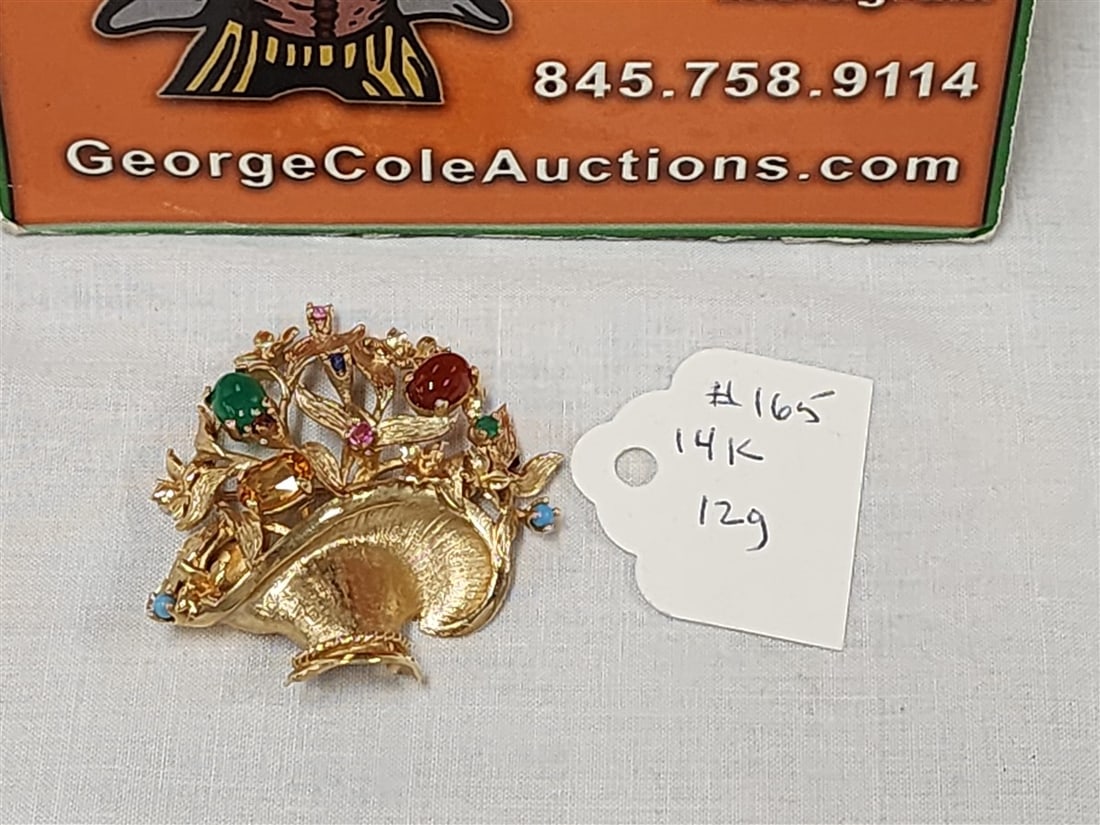 14K Pin W/ Semi Precious Stones 12g 1 1/2" X 1 1/2" (1 of 3)