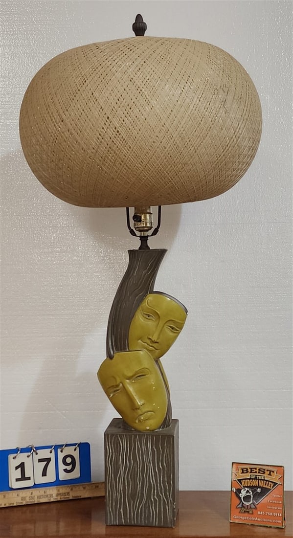 Mid Century Plaster Lamp Comedy + Tragedy 34" W/ Spun Fiberglas Shade (1 of 6)