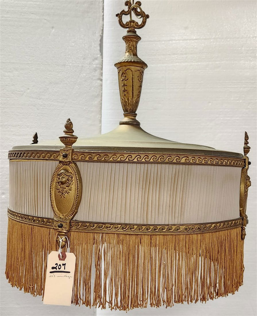 20's Vintage Brass Chandelier w/ Pleated Silk Panel + Fringe 24"H X 22" Diam (1 of 5)