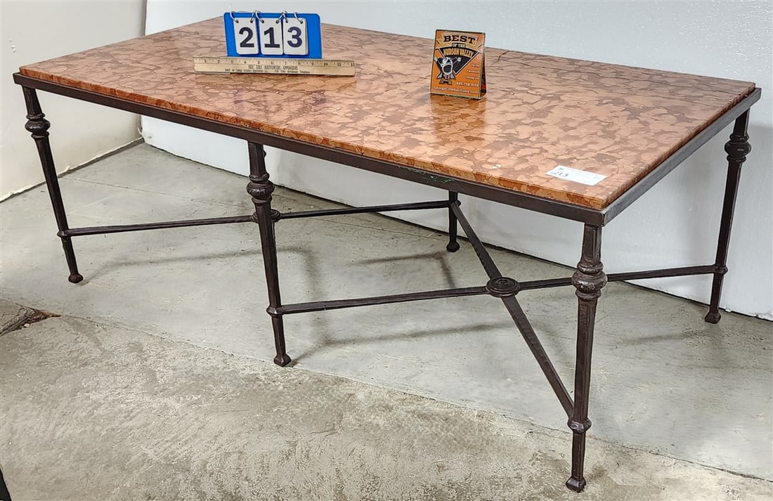 Wrought Base Marble Top Coffee Table 18 1/2" H X 49" W X 24 1/2" (Marble Repaired) (1 of 4)