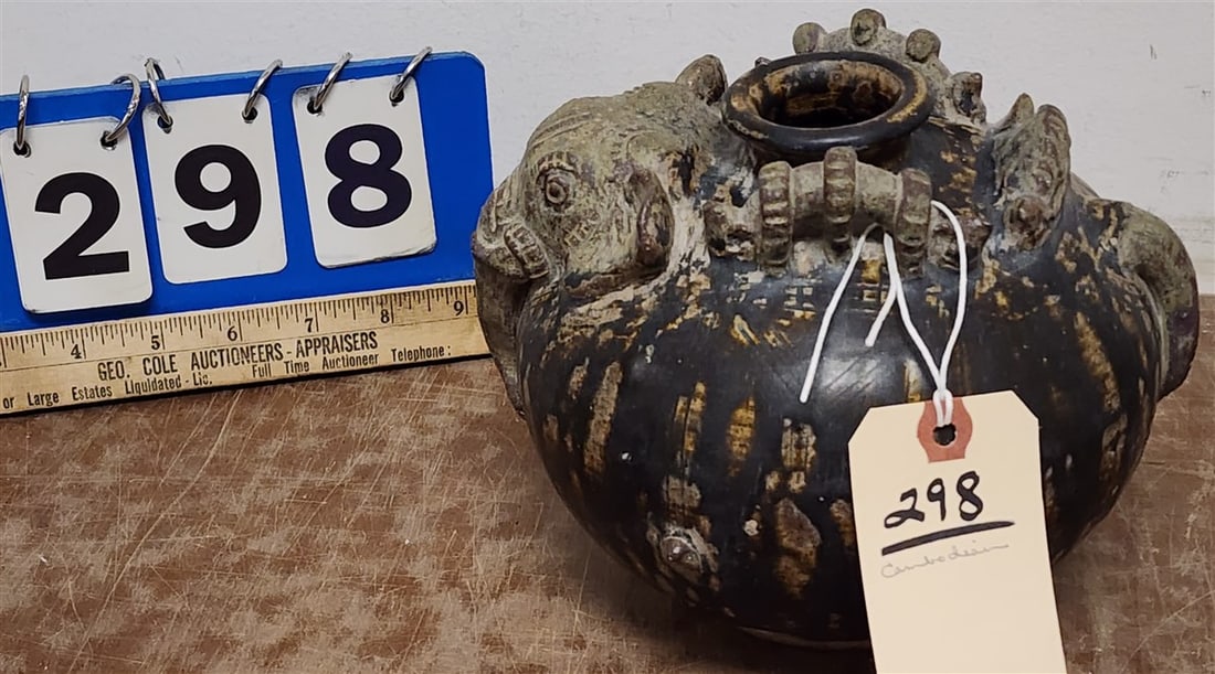 Cambodian Glazed Pottery Vase W/ Elephant Heads: Cambodian Glazed Pottery Vase W/ Elephant Heads