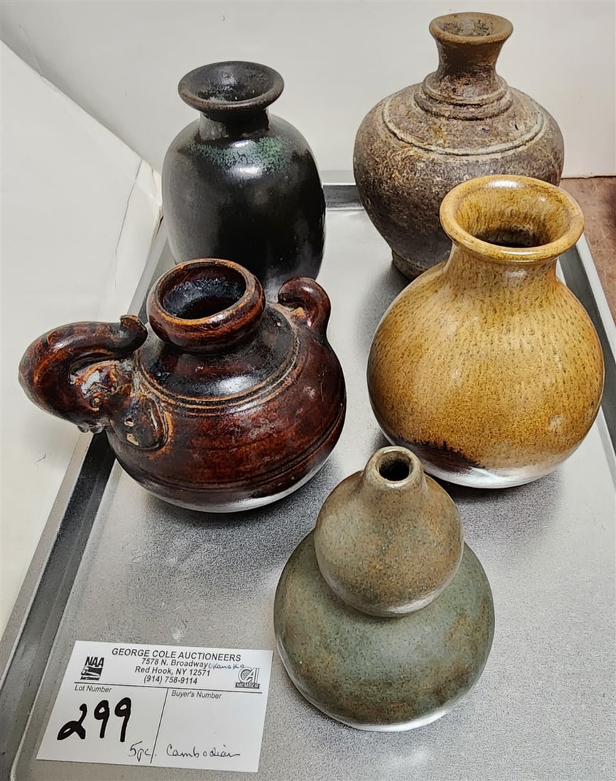 Tray  5 Cambodian Glazed Pottery Vases 5 1/2", 2-5", 4 1/2"+ 4" (1 of 3)