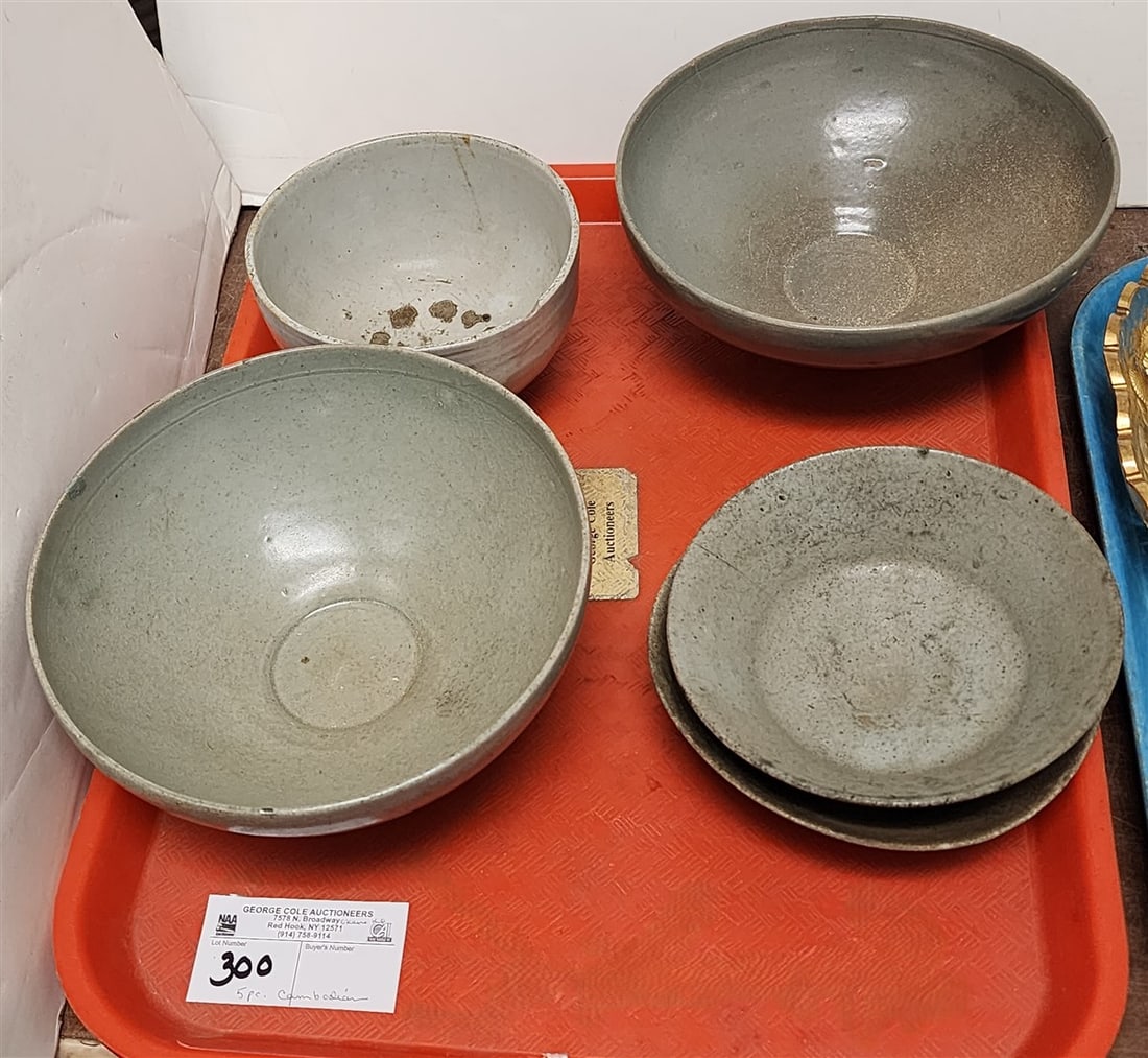Tray 5 Cambodian Glazed Pottery Bowls 2-3 1/4"H X Diam, 3 1/4"H X 5 1/2" D, 1 1/2" X 6 diam + 2 (1 of 3)