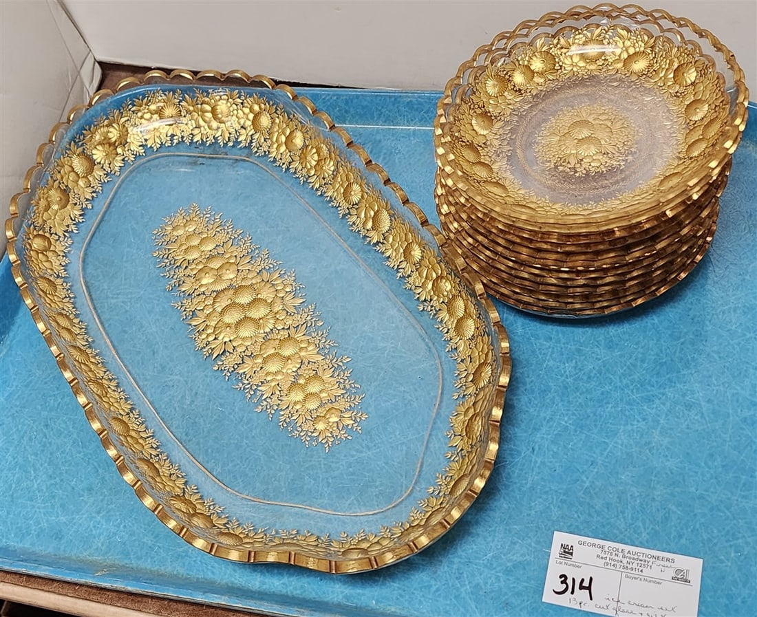 Tray 13 pc. Cut Glass + Gilt Ice Cream Set Platter 1 1/4"H X 16 1/2"W X 9 1/2"D + 12 Bowls 1"H X 6 (1 of 9)