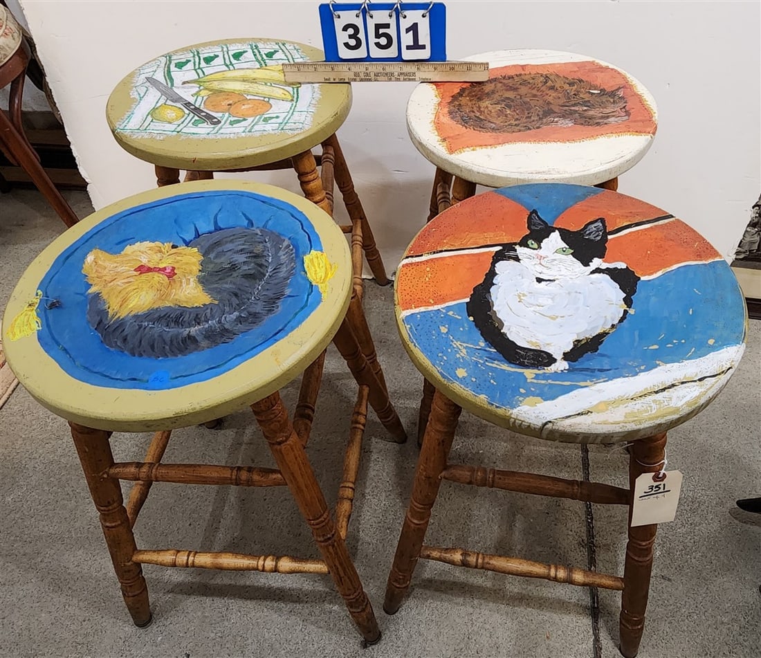 Set 4 Hand Ptd. Cat Stools 24"H X 14" Diam.: Set 4 Hand Ptd. Cat Stools 24"H X 14" Diam.