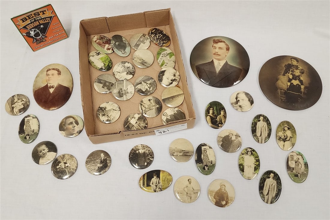 Tray 36 pc. Vintage Metal Photo Badges w/ Mirror Backs 2" diam + 2 3/4" X 1 3/4" + 2 -6" diam No (1 of 2)
