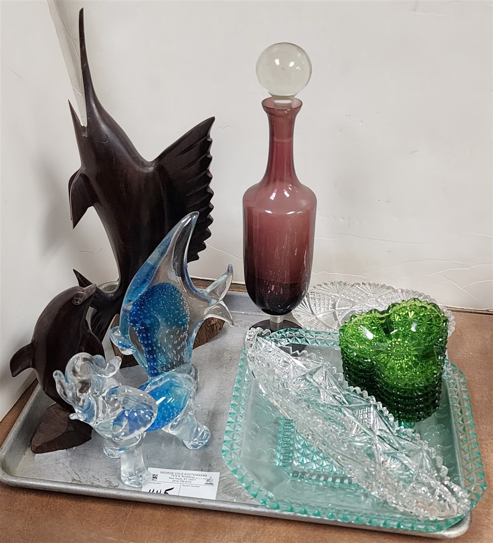 Tray Rosewood Carved Sailfish 15 1/2", Dolphin 7", Hand Blown Fish 9" + Elephant 6 1/2" etc (1 of 3)