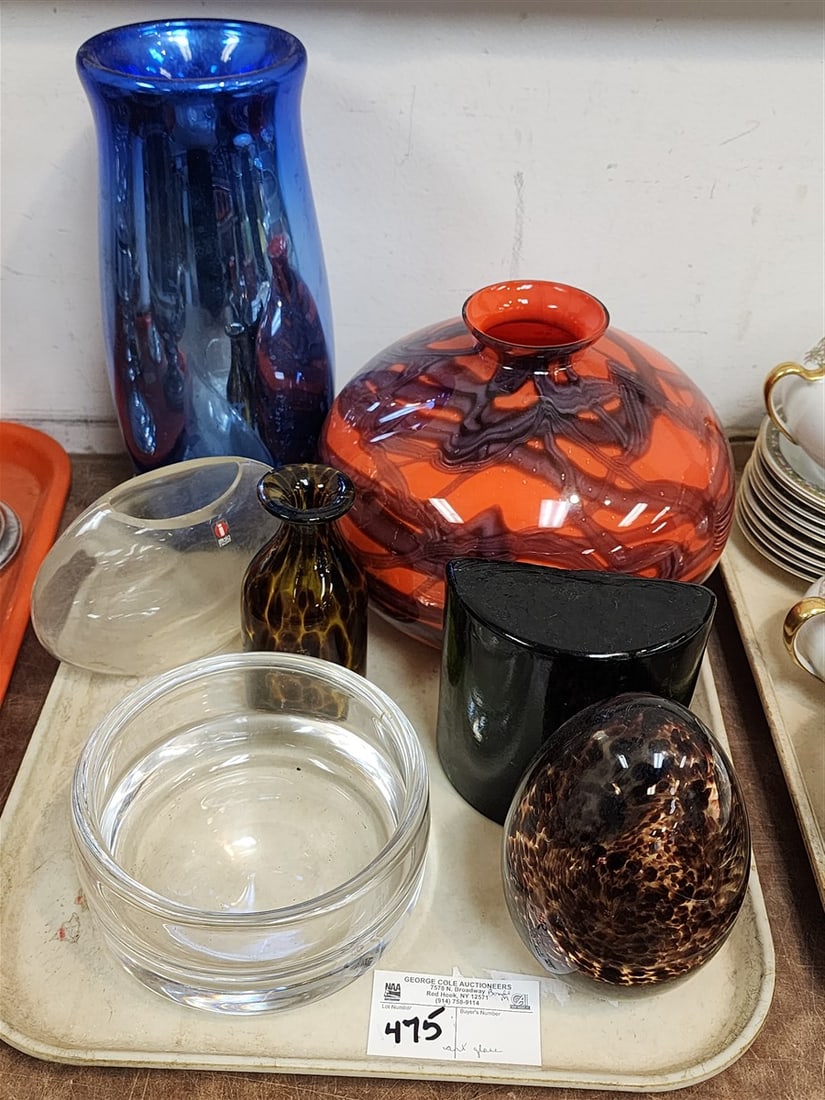 Tray Art Glass-Murano Egg 6", Orrefords Bowl, Blue Mercury Vase 11 1/2", Green Glass Bookend etc. (1 of 3)