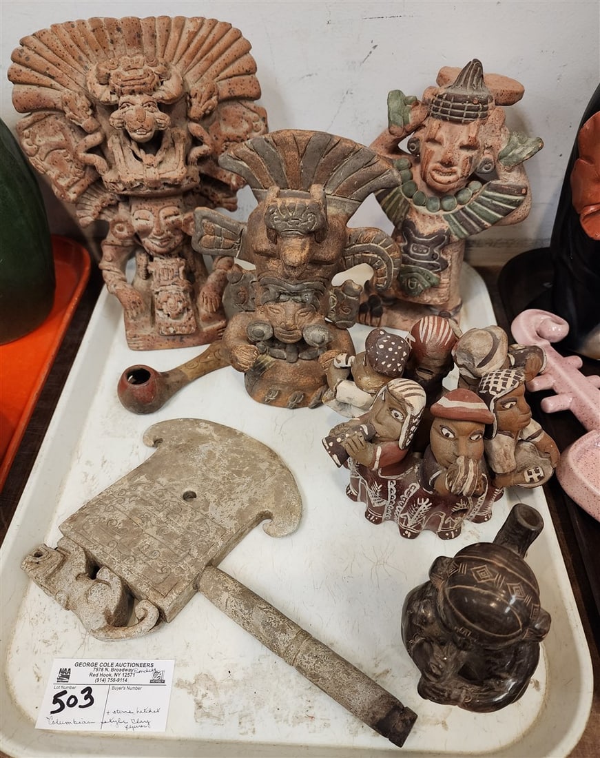 Tray Columbian Style Clay Pottery Figures + Stone Ceremonial Hatchet (1 of 1)