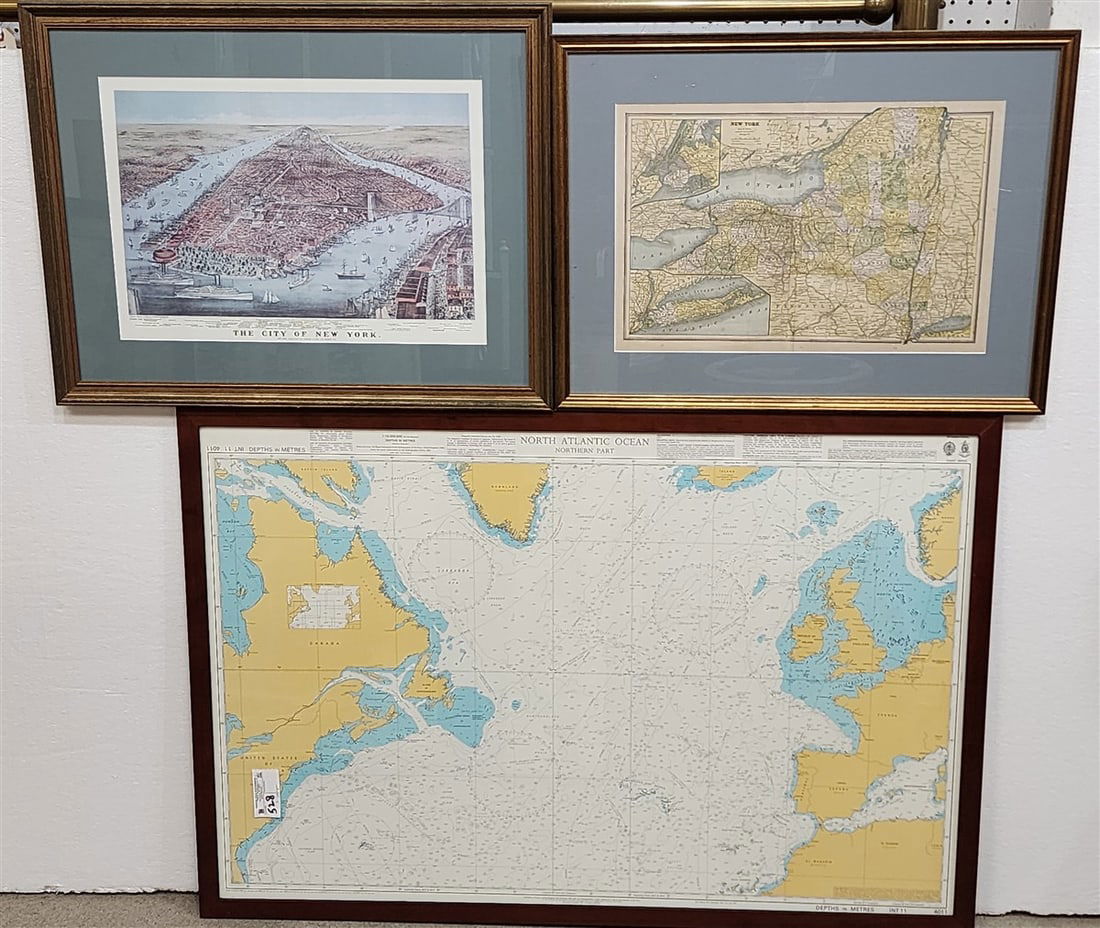 Lot 3 Framed Maps -Vintage N.Y.S 12 1/2" X 19" w/ Frame 19 1/4" X 25 1/2", Print City of N.Y. 13 (1 of 11)