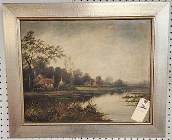 Framed 19th C O/C Landscape E. Cole 16" X 20" W/ Frame 21" X 24 1/2"