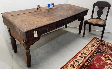 19th C Chestnut 3 Drawer Slant Front Desk 31 1/2"H X 71"W X 33"D W/ Mahog Rush Seat Chair