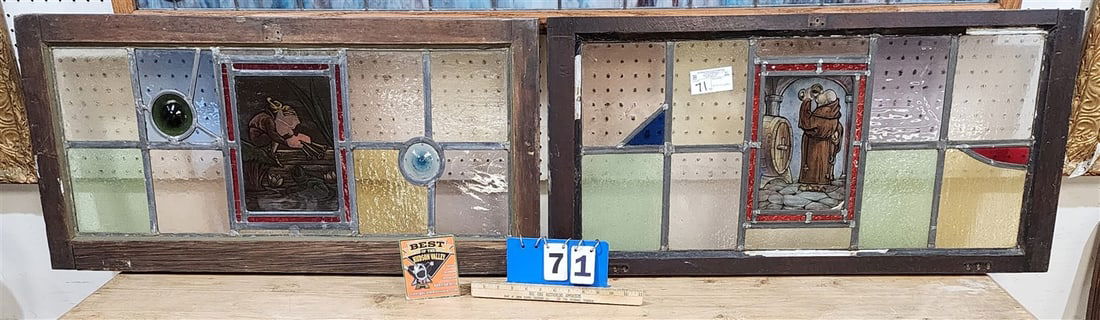 Pr Arts + Crafts Leaded Glass Windows W/ Enameled Panels 17 1/2"H X 36"W (1 of 3)