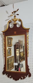 Chippendale Style Pencil Gilt + Carved Mahog Framed Mirror W/ Band Inlay 50 1/2"H X 21"W