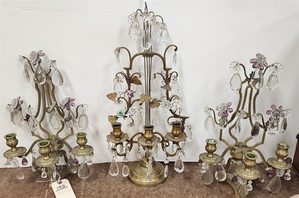 French 3 Pc Bronze Crystal Candleabra 19 3/4"H  + Pr 15 1/2"H