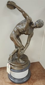 Bronze Discus Thrower Sgnd Juno On Marble Base 25"