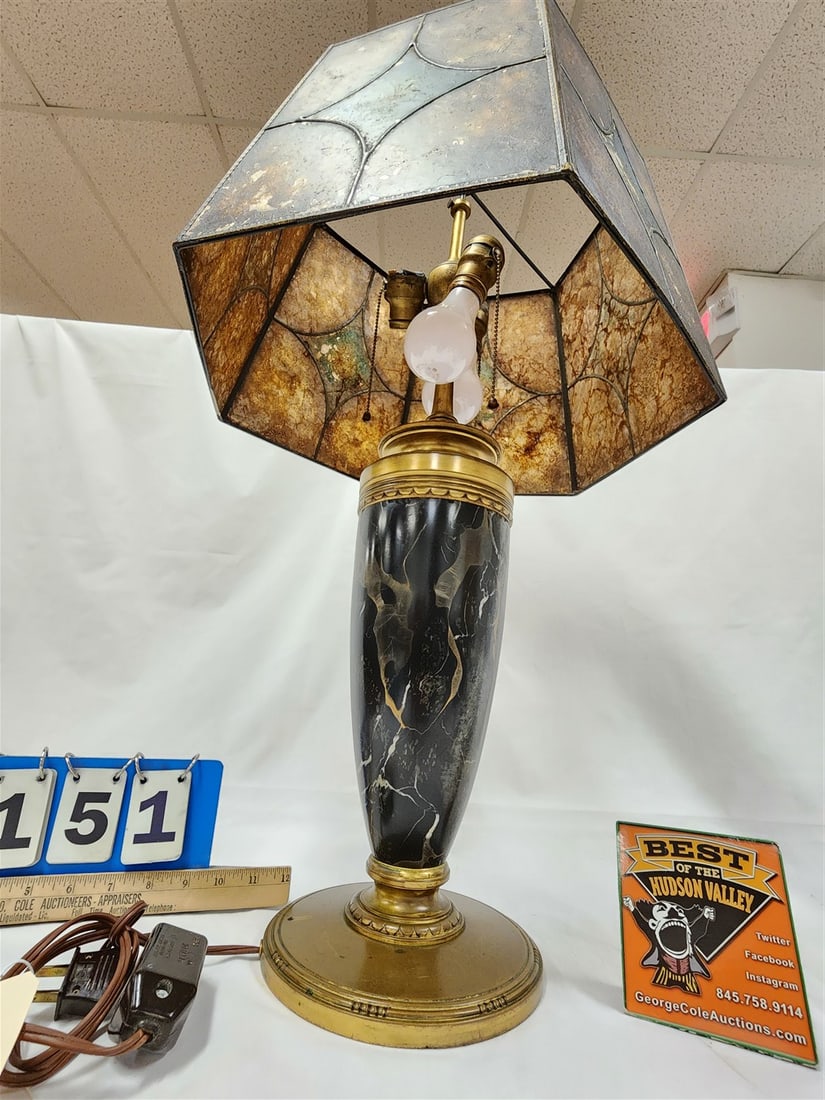 Tiffany Bronze + Marble Table Lamp W/ Mica Shade 28". Signed on bottom. (1 of 3)