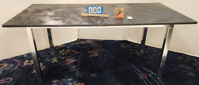 Custom Chrome Base Block Marble Top Table From Bob Guccinone's Penthouse Office 30 1/4"H X 74"W X