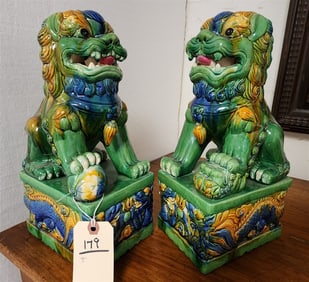 Pr Glazed Ceramic Foo Dogs 13"H X 6 3/4"W X 5 1/4"D