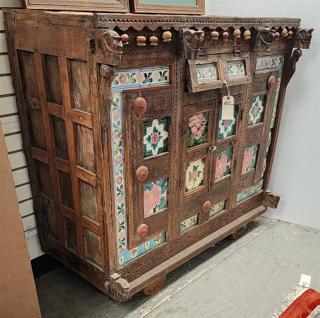 Indo Teak Chest W/ Inset Tiles 46"H X 52"W X 25"D: Indo Teak Chest W/ Inset Tiles 46"H X 52"W X 25"D