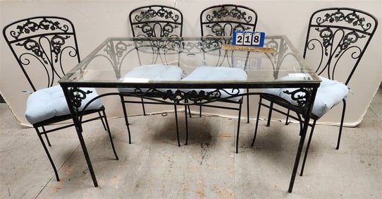 Wrought Glass Top Patio Table 29"H X 4'W X 30"D W/ 4 Chairs