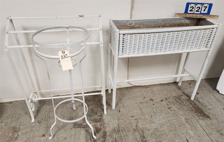 Metal Wash Stand, Towel Rack + Wicker Planter