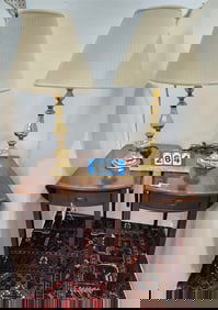 Pr Mahog 1 Drrawer Drop Leaf End Stands 27 1/2"H X 16"W X 24"D W/ Pr Brass Table Lamp