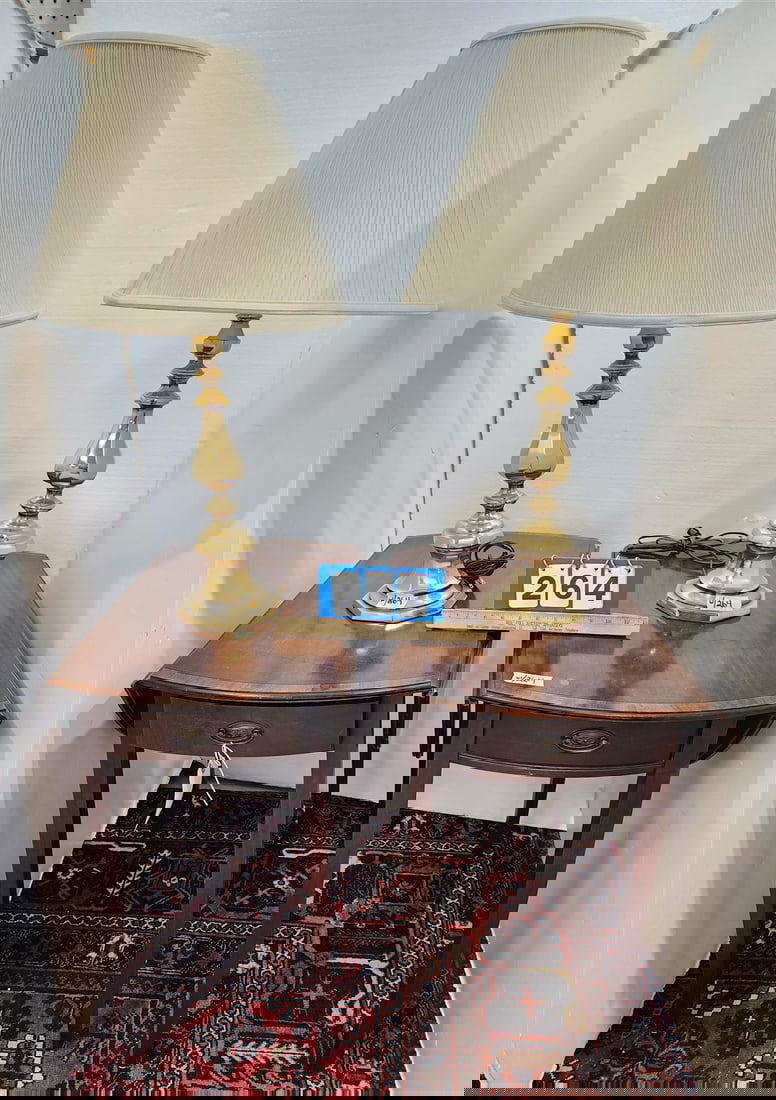 Pr Mahog 1 Drrawer Drop Leaf End Stands 27 1/2"H X 16"W X 24"D W/ Pr Brass Table Lamp (1 of 3)