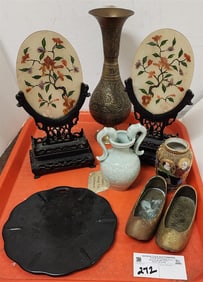 tray Chinese Pr Semi Precious Stone Disks On Carved Wooden Stands 9 3/4"H X 4 1/2"W X 2 1/2"D Etcs