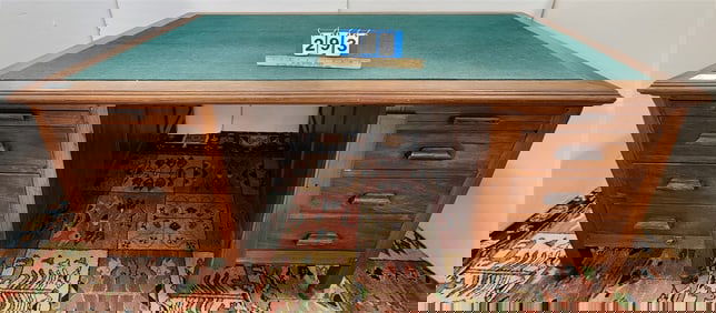 Teak Desk Drawers On One Side, Doors On The Other 30"H X 69 1/2"W X 45"D