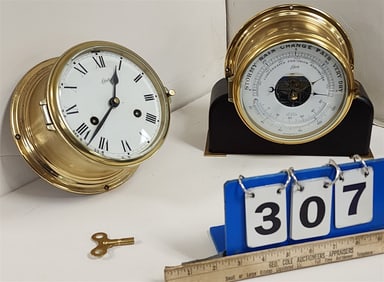 Tray Shatz Brass Ship's Clock 7" Diam X 3 3/4"H + Barometer On Stand 7 1/4"H X 9"W X 3 3/4"D